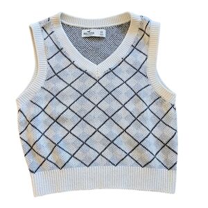 Hollister White and Blue Argyle Sweater Vest